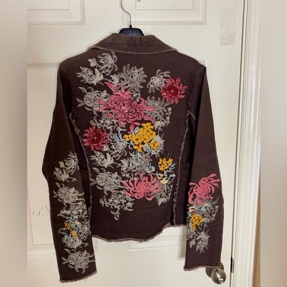 PAPARAZZI BIZ Floral Embroidered Brown Boho Button Lined Coat Jacket Size M - Picture 9 of 12